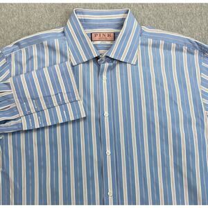 Thomas Pink Shirt Mens 17 - 36.5 Striped 100% Cotton French Cuff Button Up